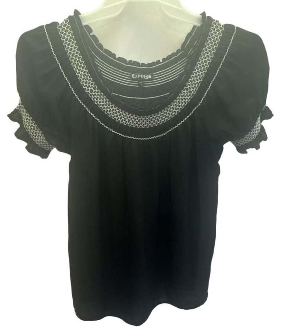 Express Black Smocked Neck Short Sleeve Blouse Size S